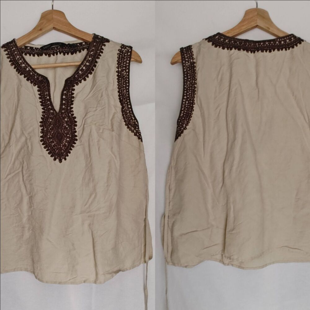 Sherry Taylor Top Sleeveless Ramie Blend Tan Brown Boho Natural Embroidered‎ XL